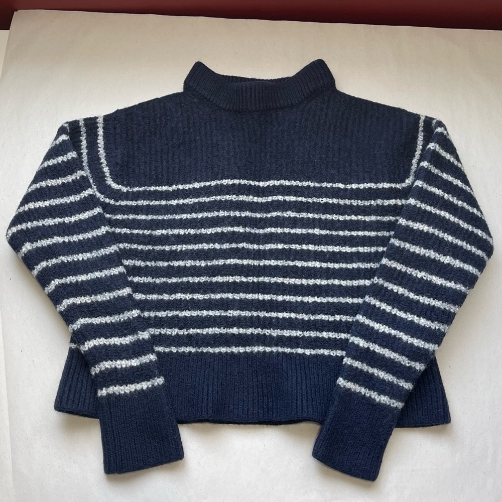 Wilfred Navy and White Striped Merino Wool Sweater